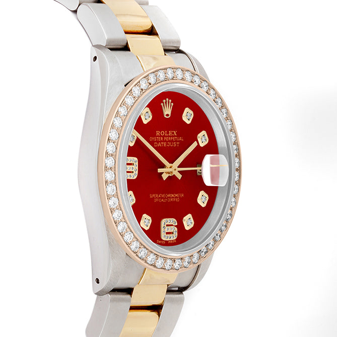 Rolex Datejust 36mm TWO TONE 16233 Red  Dial |  6&9 Diamond  Hour Markers | 2ct Diamond Bezel