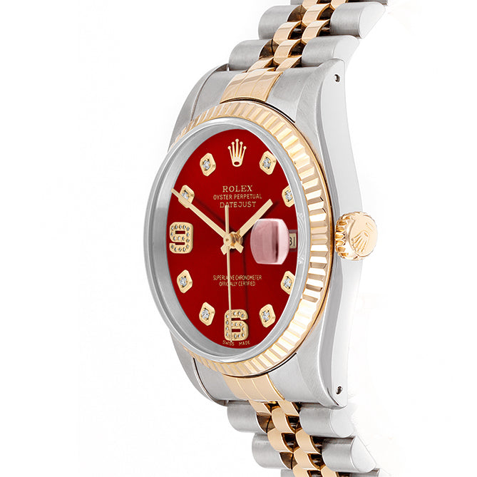 Rolex Datejust 36mm TWO TONE 16233 Red  Dial | 6&9 Diamond  Hour Markers | Fluted Bezel