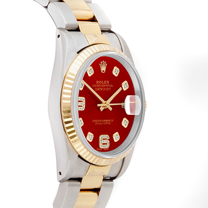 Rolex Datejust 36mm TWO TONE 16233 Red  Dial | 6&9 Diamond  Hour Markers | Fluted Bezel