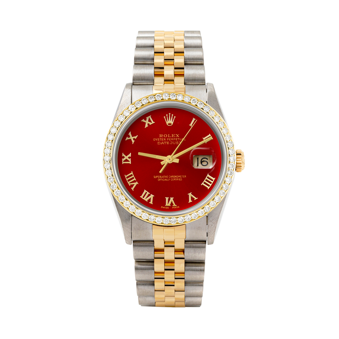 Rolex Datejust 36mm TWO TONE 16233 Red Dial | Roman Hour Markers | 1ct Diamond Bezel
