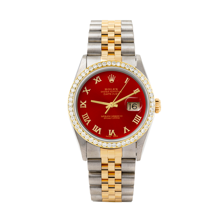 Rolex Datejust 36mm TWO TONE 16233 Red Dial | Roman Hour Markers | 1ct Diamond Bezel