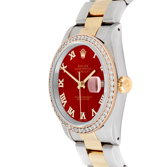 Rolex Datejust 36mm TWO TONE 16233 Red Dial | Roman Hour Markers | 1ct Diamond Bezel