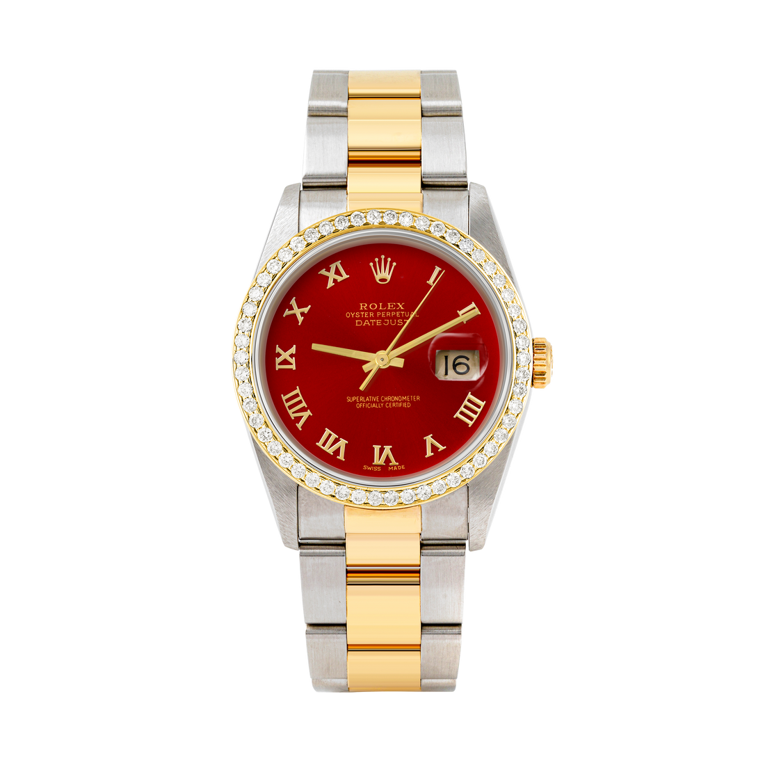 Rolex Datejust 36mm TWO TONE 16233 Red Dial | Roman Hour Markers | 1ct Diamond Bezel