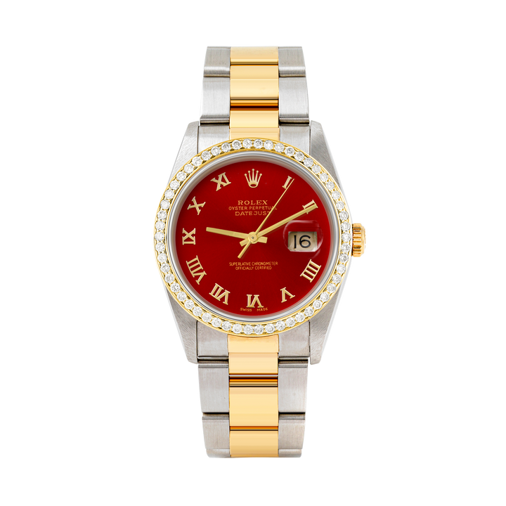 Rolex Datejust 36mm TWO TONE 16233 Red Dial | Roman Hour Markers | 1ct Diamond Bezel