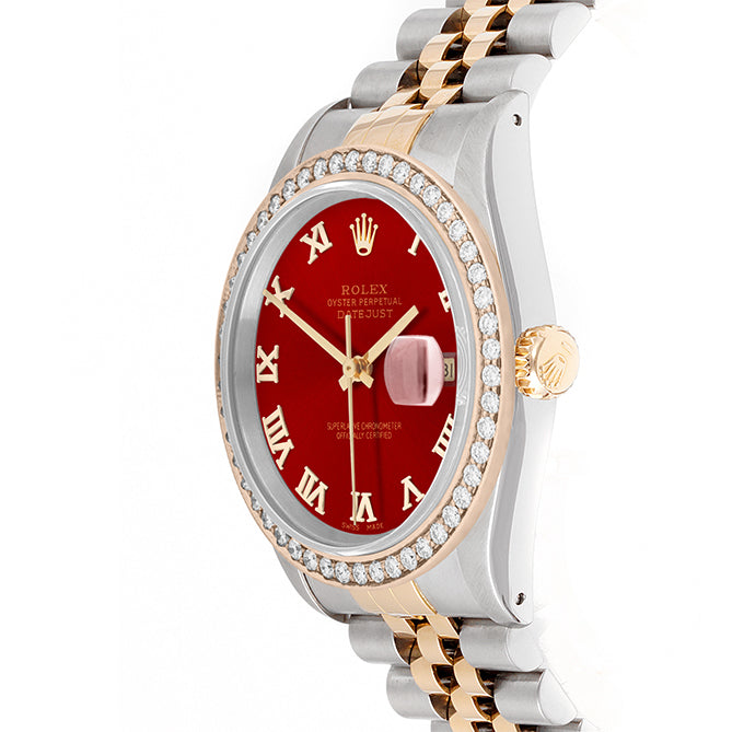Rolex Datejust 36mm TWO TONE 16233 Red Dial | Roman Hour Markers | 1.8ct Diamond Bezel