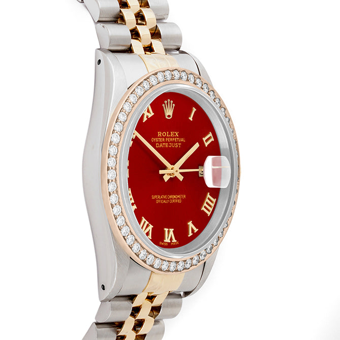 Rolex Datejust 36mm TWO TONE 16233 Red Dial | Roman Hour Markers | 1.8ct Diamond Bezel
