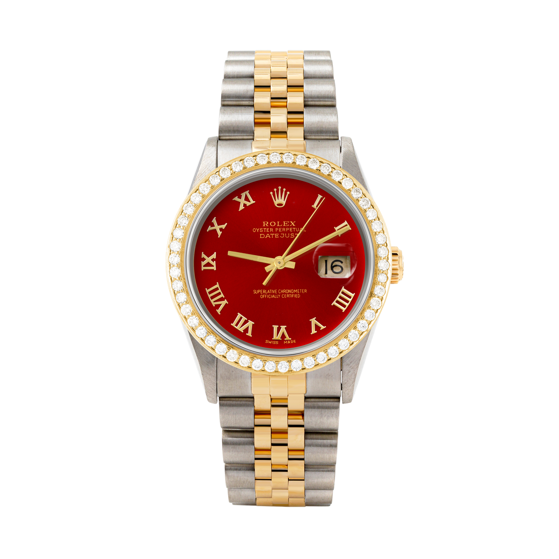 Rolex Datejust 36mm TWO TONE 16233 Red Dial | Roman Hour Markers | 1.8ct Diamond Bezel