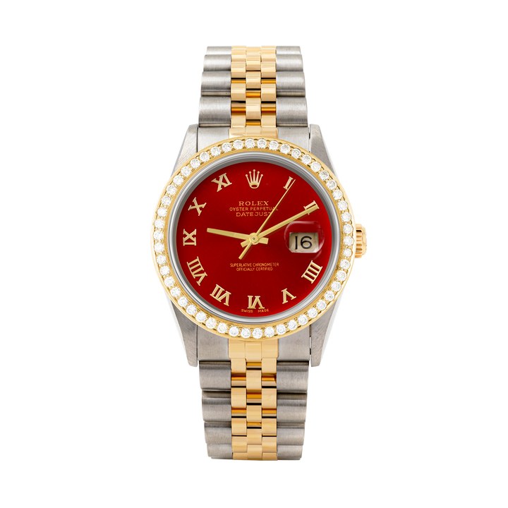Rolex Datejust 36mm TWO TONE 16233 Red Dial | Roman Hour Markers | 1.8ct Diamond Bezel