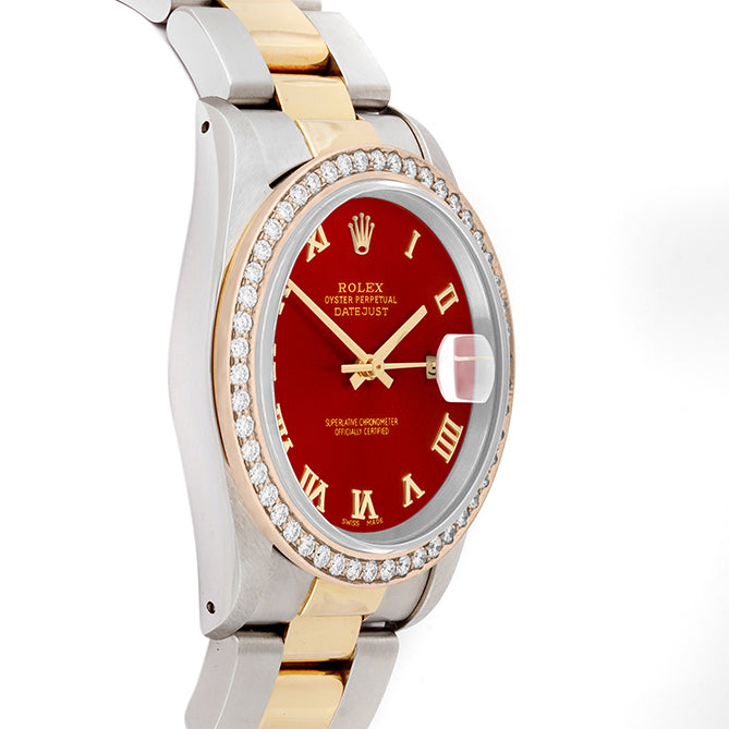 Rolex Datejust 36mm TWO TONE 16233 Red Dial | Roman Hour Markers | 1.8ct Diamond Bezel