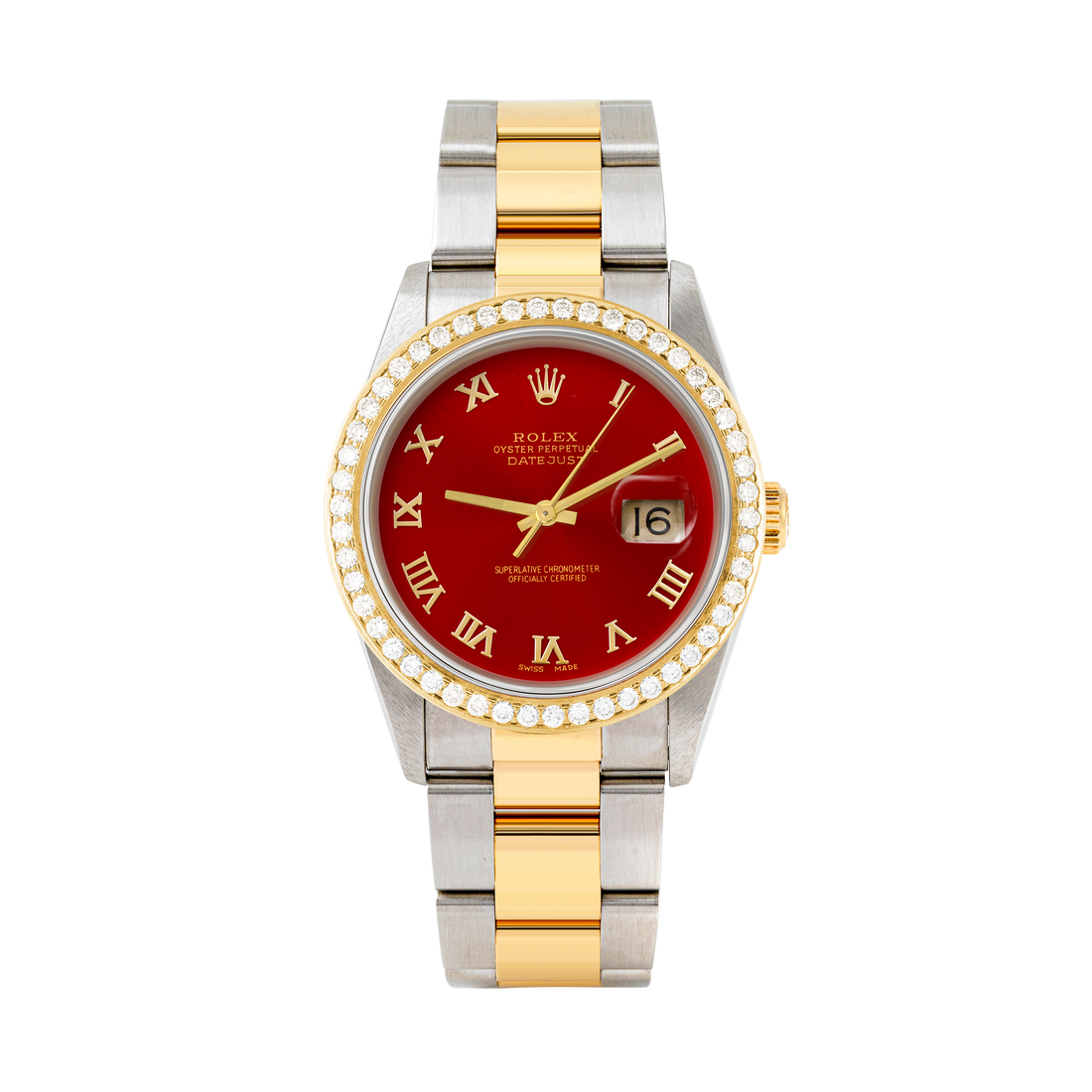Rolex Datejust 36mm TWO TONE 16233 Red Dial | Roman Hour Markers | 1.8ct Diamond Bezel