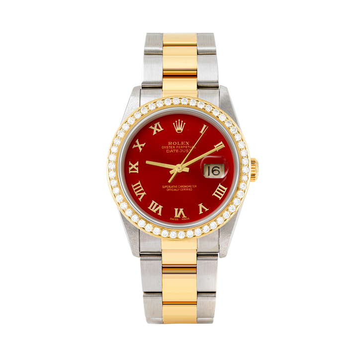 Rolex Datejust 36mm TWO TONE 16233 Red Dial | Roman Hour Markers | 1.8ct Diamond Bezel