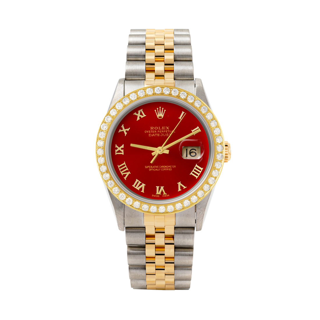 Rolex Datejust 36mm TWO TONE 16233  Red Dial | Roman Hour Markers | 2ct Diamond Bezel