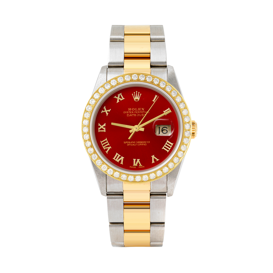 Rolex Datejust 36mm TWO TONE 16233  Red Dial | Roman Hour Markers | 2ct Diamond Bezel