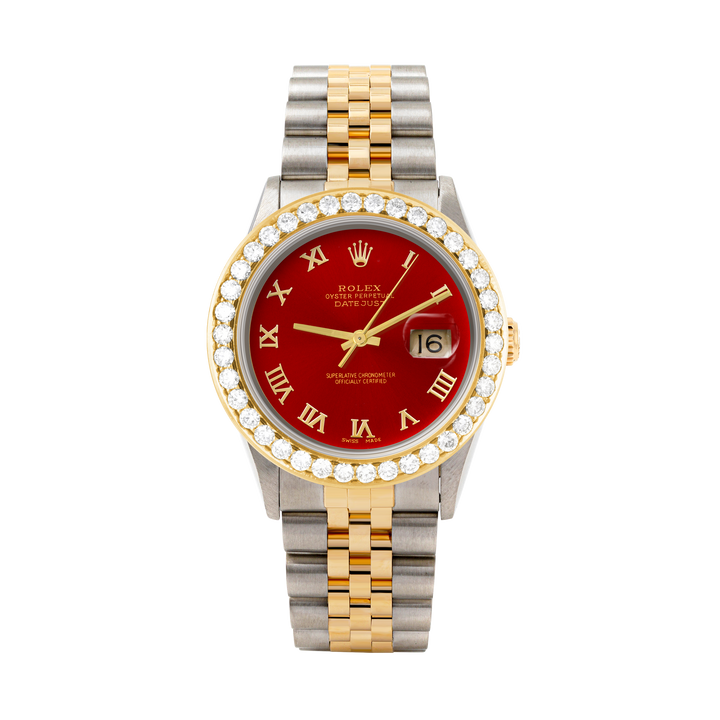 Rolex Datejust 36mm TWO TONE 16233  Red Dial | Roman Hour Markers | 2.5ct Diamond Bezel