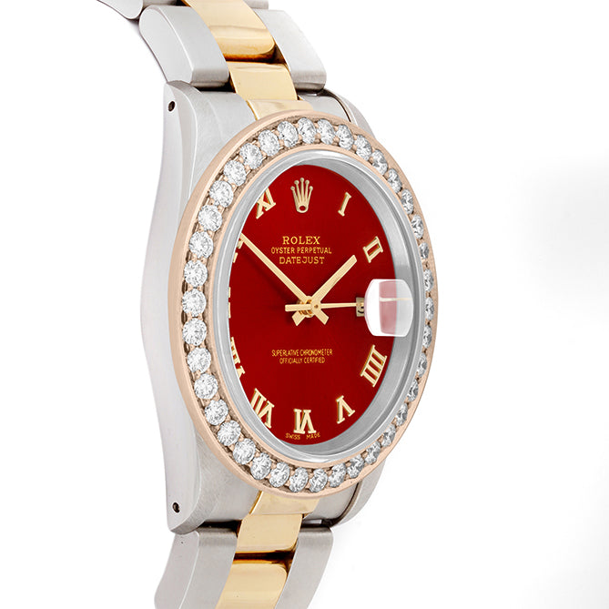 Rolex Datejust 36mm TWO TONE 16233  Red Dial | Roman Hour Markers | 2.5ct Diamond Bezel