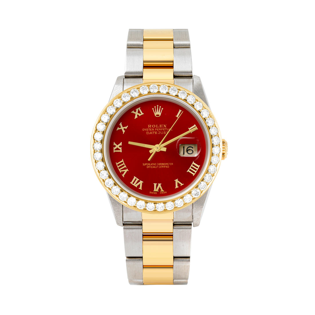 Rolex Datejust 36mm TWO TONE 16233  Red Dial | Roman Hour Markers | 2.5ct Diamond Bezel