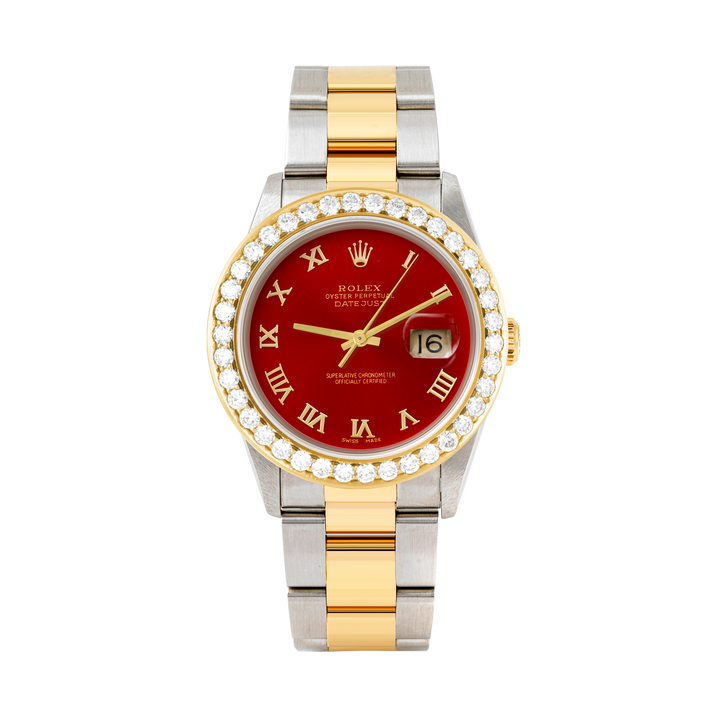 Rolex Datejust 36mm TWO TONE 16233  Red Dial | Roman Hour Markers | 2.5ct Diamond Bezel