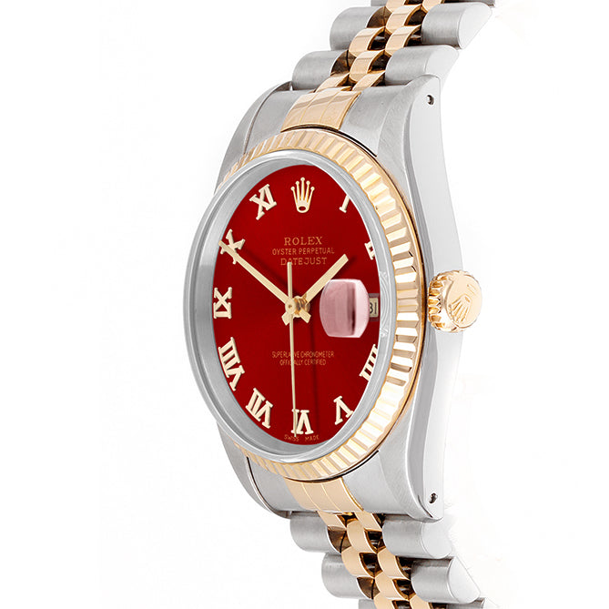 Rolex Datejust 36mm TWO TONE 16233 Red Dial | Roman Hour Markers | Fluted Bezel