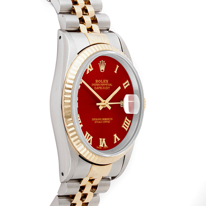 Rolex Datejust 36mm TWO TONE 16233 Red Dial | Roman Hour Markers | Fluted Bezel