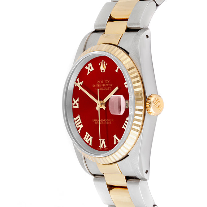 Rolex Datejust 36mm TWO TONE 16233 Red Dial | Roman Hour Markers | Fluted Bezel