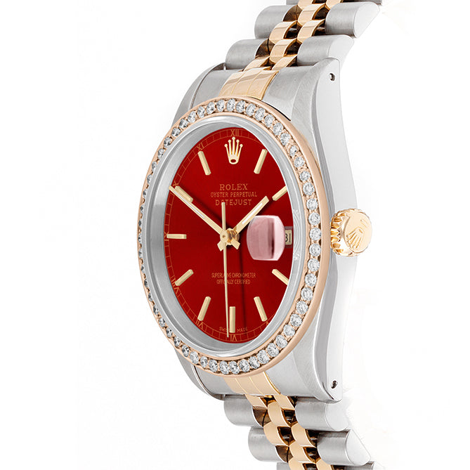 Rolex Datejust 36mm TWO TONE 16233 Red Dial | Stick Hour Markers | 1ct Diamond Bezel