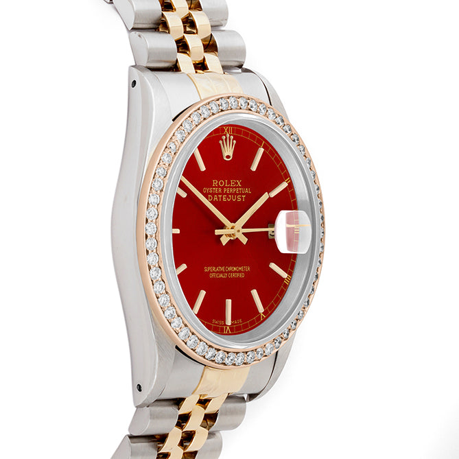 Rolex Datejust 36mm TWO TONE 16233 Red Dial | Stick Hour Markers | 1ct Diamond Bezel