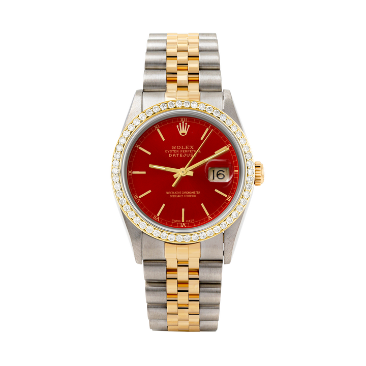 Rolex Datejust 36mm TWO TONE 16233 Red Dial | Stick Hour Markers | 1ct Diamond Bezel