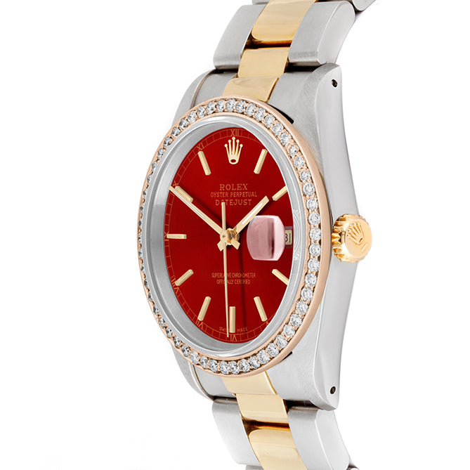 Rolex Datejust 36mm TWO TONE 16233 Red Dial | Stick Hour Markers | 1ct Diamond Bezel