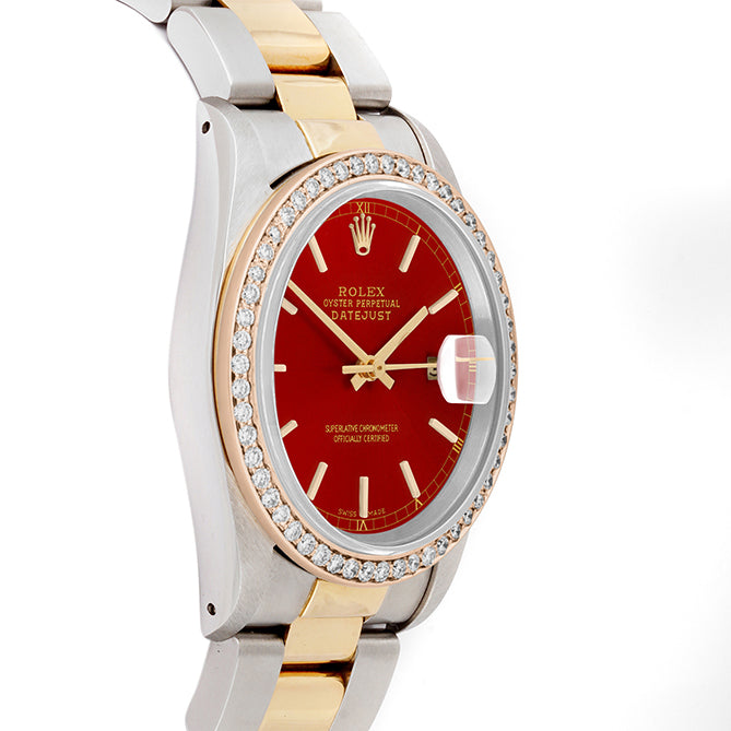 Rolex Datejust 36mm TWO TONE 16233 Red Dial | Stick Hour Markers | 1ct Diamond Bezel