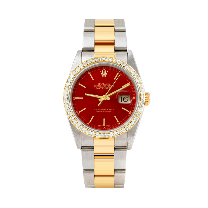 Rolex Datejust 36mm TWO TONE 16233 Red Dial | Stick Hour Markers | 1ct Diamond Bezel
