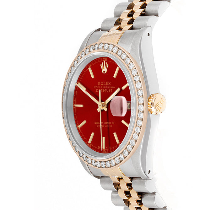 Rolex Datejust 36mm TWO TONE 16233 Red Dial | Stick Hour Markers | 1.8ct Diamond Bezel