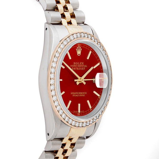 Rolex Datejust 36mm TWO TONE 16233 Red Dial | Stick Hour Markers | 1.8ct Diamond Bezel