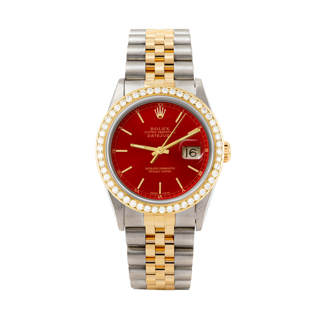 Rolex Datejust 36mm TWO TONE 16233 Red Dial | Stick Hour Markers | 1.8ct Diamond Bezel