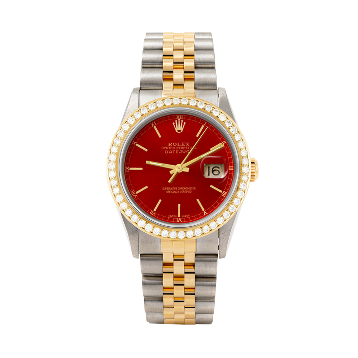 Rolex Datejust 36mm TWO TONE 16233 Red Dial | Stick Hour Markers | 1.8ct Diamond Bezel