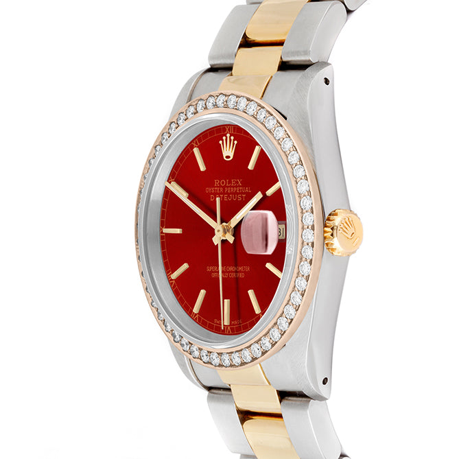 Rolex Datejust 36mm TWO TONE 16233 Red Dial | Stick Hour Markers | 1.8ct Diamond Bezel