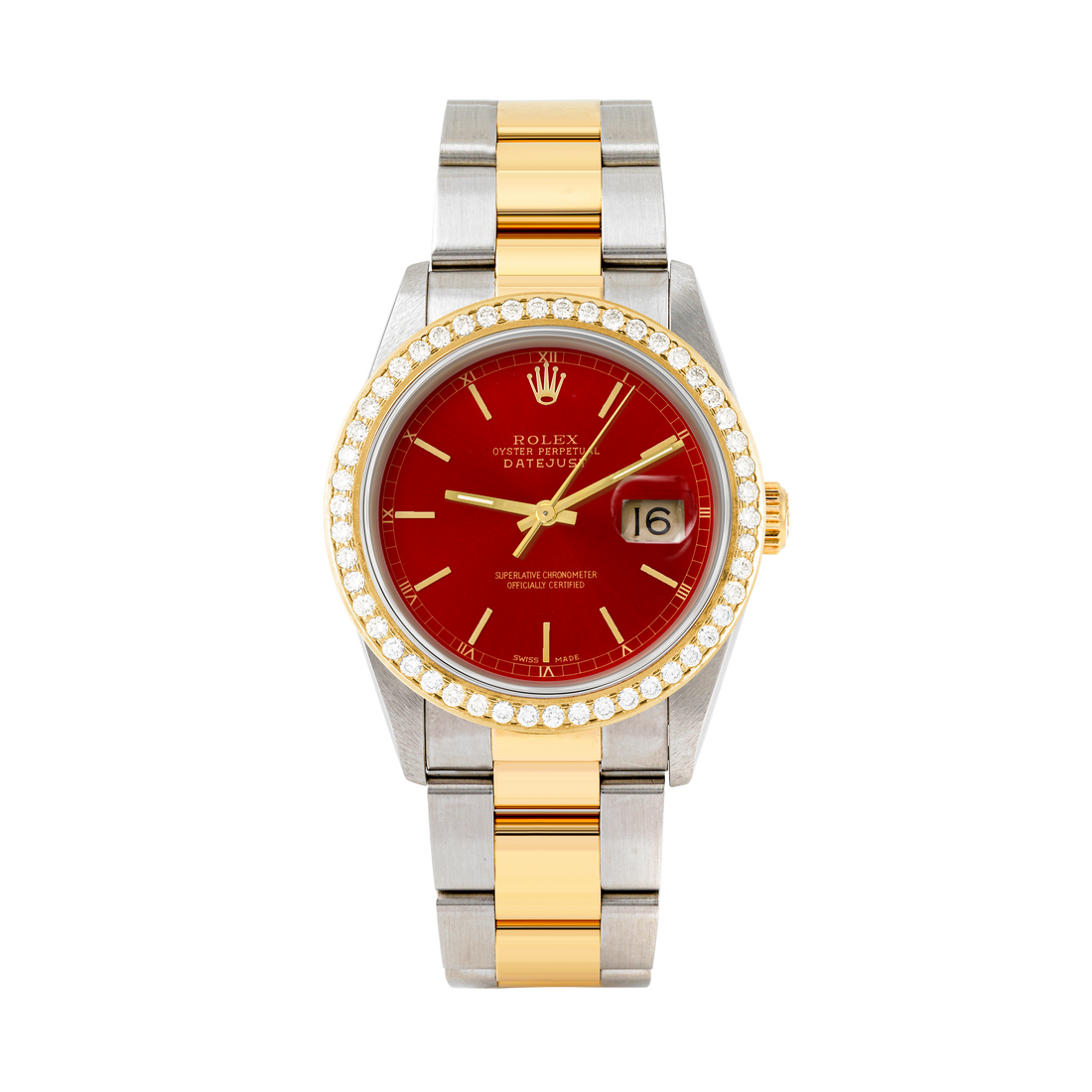 Rolex Datejust 36mm TWO TONE 16233 Red Dial | Stick Hour Markers | 1.8ct Diamond Bezel
