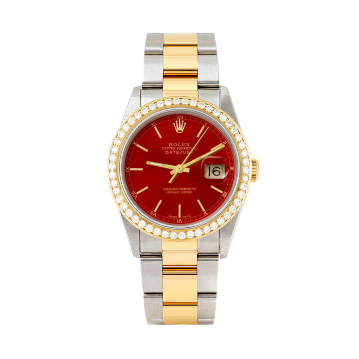 Rolex Datejust 36mm TWO TONE 16233 Red Dial | Stick Hour Markers | 1.8ct Diamond Bezel