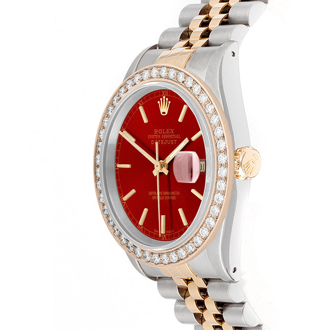 Rolex Datejust 36mm TWO TONE 16233 Red Dial | Stick Hour Markers | 2ct Diamond Bezel