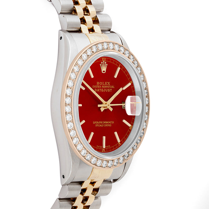 Rolex Datejust 36mm TWO TONE 16233 Red Dial | Stick Hour Markers | 2ct Diamond Bezel