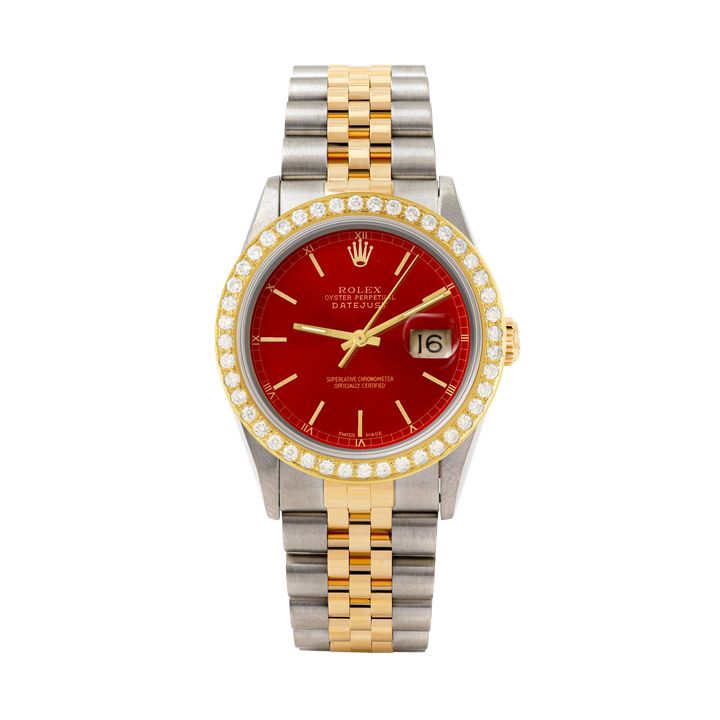Rolex Datejust 36mm TWO TONE 16233 Red Dial | Stick Hour Markers | 2ct Diamond Bezel