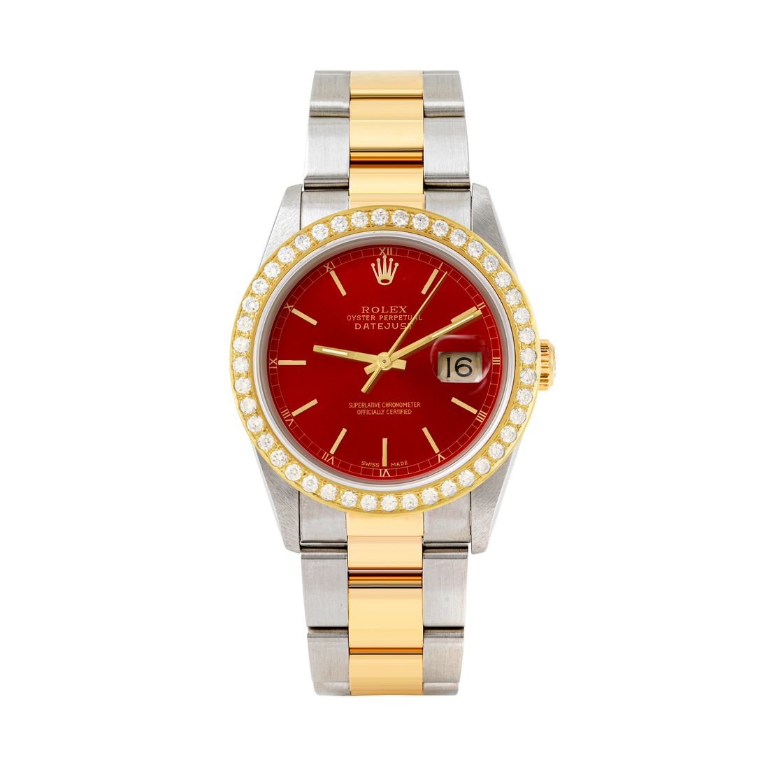 Rolex Datejust 36mm TWO TONE 16233 Red Dial | Stick Hour Markers | 2ct Diamond Bezel