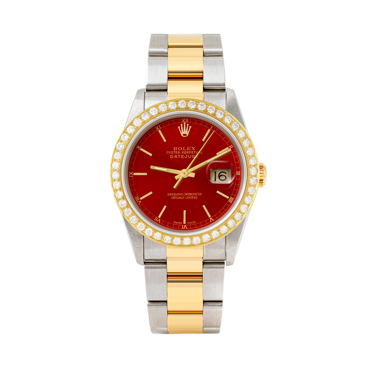 Rolex Datejust 36mm TWO TONE 16233 Red Dial | Stick Hour Markers | 2ct Diamond Bezel