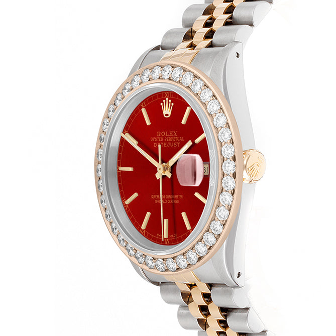 Rolex Datejust 36mm TWO TONE 16233  Red  Dial | Stick Hour Markers | 2.5ct Diamond Bezel