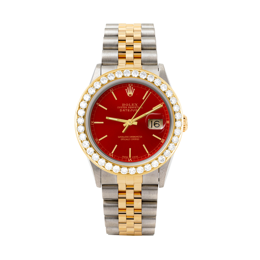 Rolex Datejust 36mm TWO TONE 16233  Red  Dial | Stick Hour Markers | 2.5ct Diamond Bezel