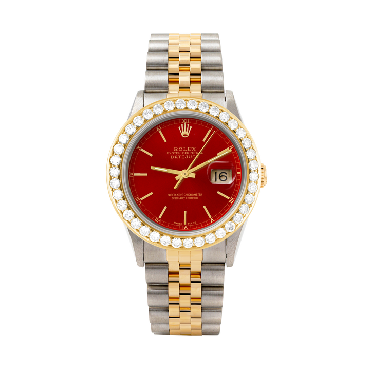 Rolex Datejust 36mm TWO TONE 16233  Red  Dial | Stick Hour Markers | 2.5ct Diamond Bezel
