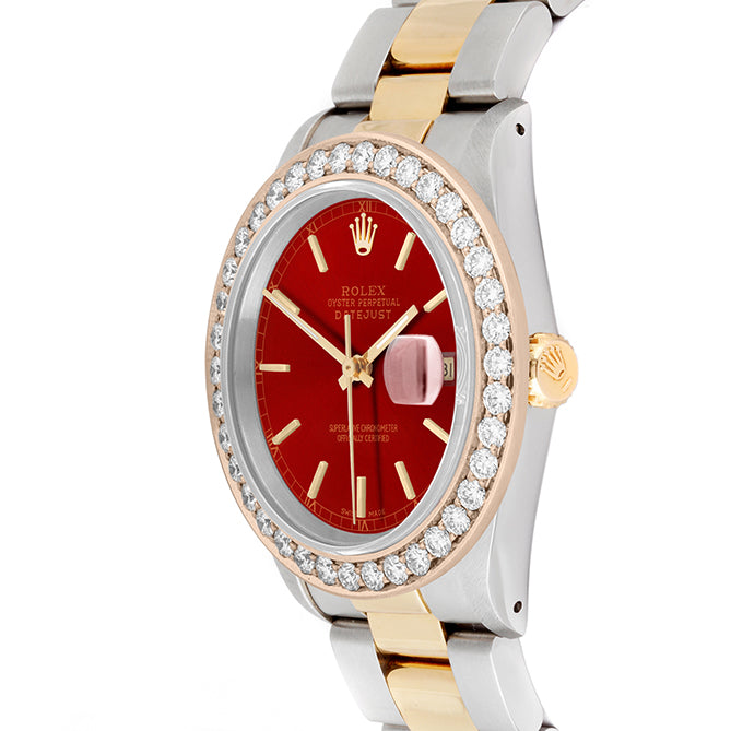 Rolex Datejust 36mm TWO TONE 16233 Red Dial | Stick Hour Markers | 2ct Diamond Bezel