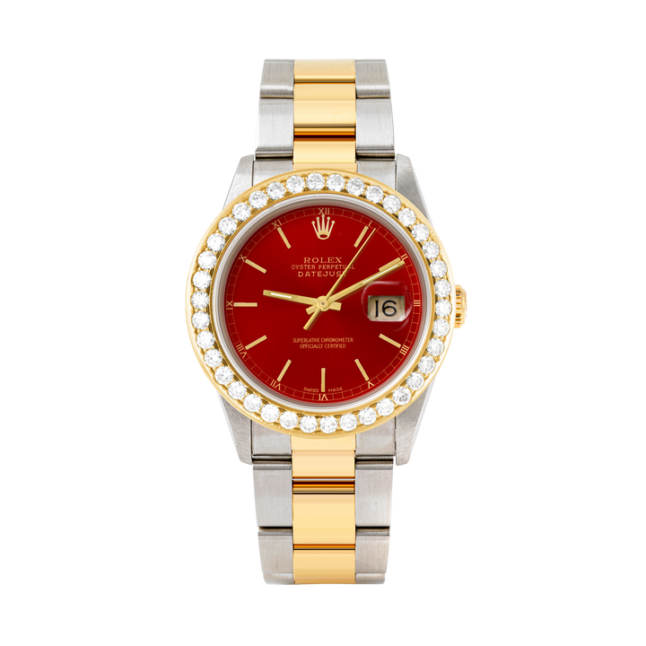 Rolex Datejust 36mm TWO TONE 16233  Red  Dial | Stick Hour Markers | 2.5ct Diamond Bezel