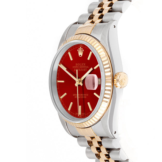 Rolex Datejust 36mm TWO TONE 16233 Red  Dial | Stick  Hour Markers | Fluted Bezel