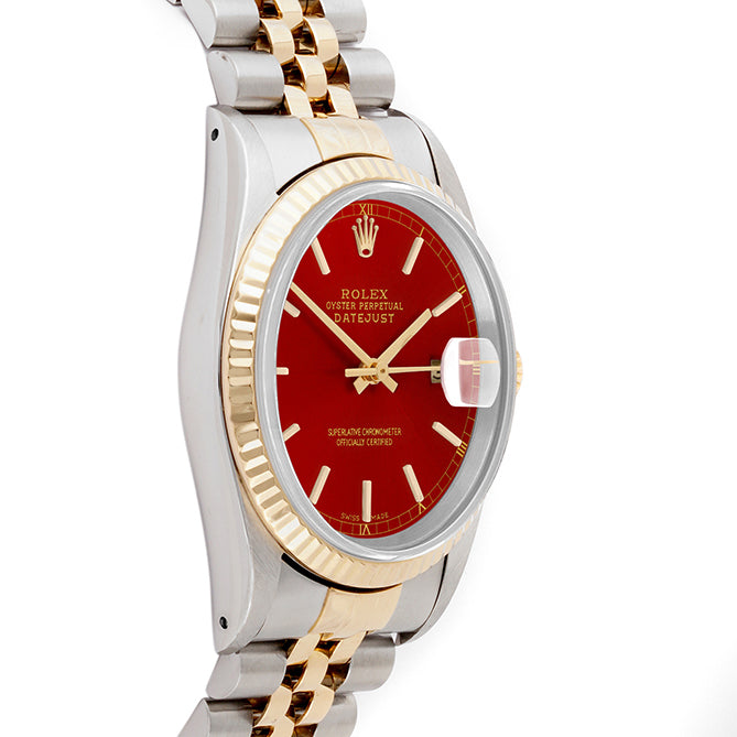 Rolex Datejust 36mm TWO TONE 16233 Red  Dial | Stick  Hour Markers | Fluted Bezel