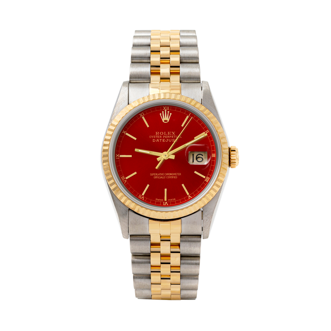 Rolex Datejust 36mm TWO TONE 16233 Red  Dial | Stick  Hour Markers | Fluted Bezel